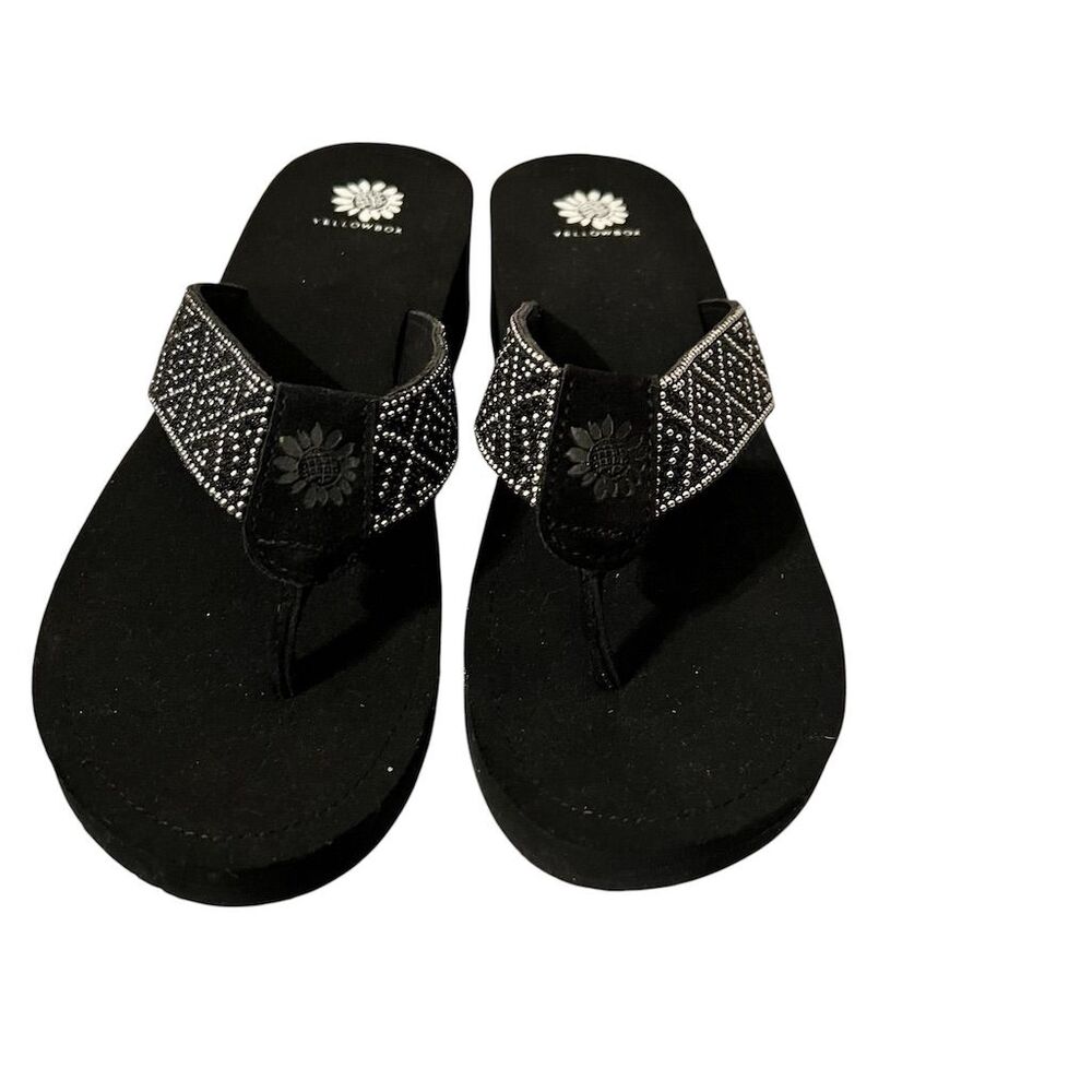 Yellow Box Women's Black Rhinestone Wedge Flip Flop Sandals Size11